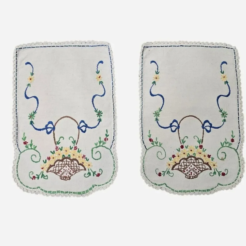 Vintage Art Deco hand-embroidered linen doilies dresser scarves/armrest covers
